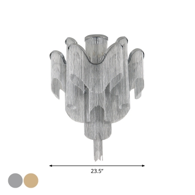 Silver/Gold 2-Layer Tassel Ceiling Light Contemporary Aluminum Chain LED Semi Flush Mount Chandelier, 23.5