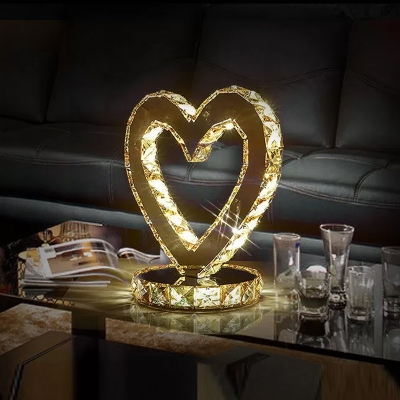 Stylish Modern Loving Heart Table Lamp Crystal Embedded LED Nightstand Light in Stainless Steel, Warm/White Light