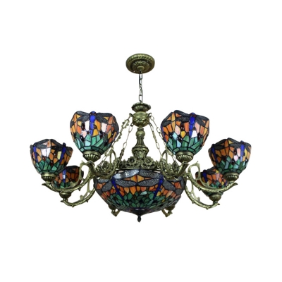 Tiffany Bowl Chandelier Lamp 9-Light Stained Glass Pendant Lighting with Sunflower/Dragonfly Pattern in Yellow