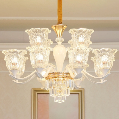 Traditional Floral Up Chandelier 1/12/15-Light Clear Carved Glass Wall Mounted Light for Dining Room