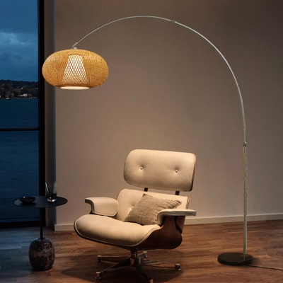 Twist/Round/Bowl Shade Bedside Floor Lamp Bamboo Single Asia Small/Large Standing Light with Arc Arm in Wood