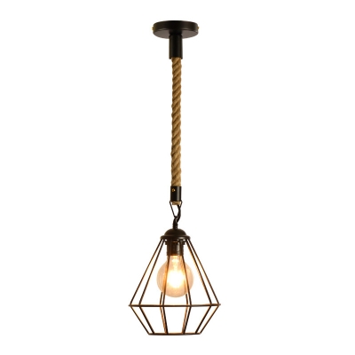Vintage Diamond Cage Ceiling Light Single-Bulb Iron Pendant Light Kit with Downrod/Hanging Cord in Black
