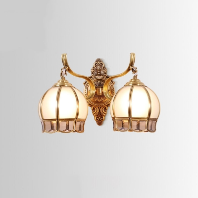 White and Tan Glass Dome Wall Light Traditional 1/2-Bulb Bedroom Wall Sconce in Gold