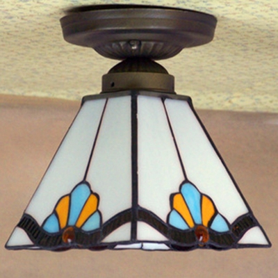 White/Beige Glass Pyramid Semi Flush Mount Craftsman 1 Bulb Black/Brass Close to Ceiling Light Fixture