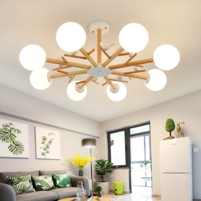 Wooden Branch Pendant Lighting Nordic 6/8 Bulbs Chandelier with Ball White Glass/Cylinder Metal Shade