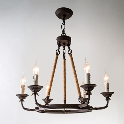 Wrought Iron Rust Chandelier Candlestick 6/8/12 Heads Farmhouse Hanging Pendant Light with Hemp Cord