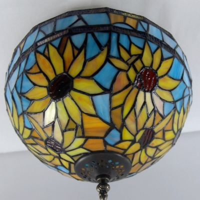 Yellow Half-Globe Semi Flush Mount Light Mediterranean 2-Bulb Sunflower Patterned Glass Ceiling Fixture