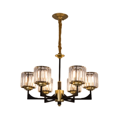 1/2-Tiered Cylindrical Crystal Pendant Modern 4/8/12 Heads Living Room Chandelier in Black and Brass