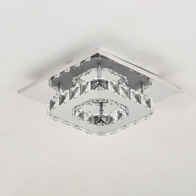 1/2-Tiered Square Corridor Ceiling Lamp Clear Crystal Modernist LED Flush Mounted Light in Chrome