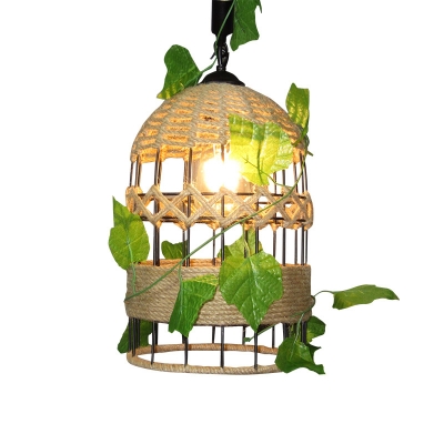 1 Head Elongated Dome Pendant Light Fixture Countryside Beige Rope Ceiling Lamp with Plant Decor