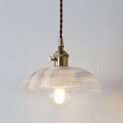 1-Light Hanging Lamp Kit Nautical Plate/Bowl Shaped Clear Lattice Glass Pendant Lighting Fixture in Brass