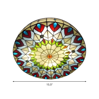16 Inch Round Shade Peacock Stained Glass Tiffany 3-light Flush Mount Ceiling Light