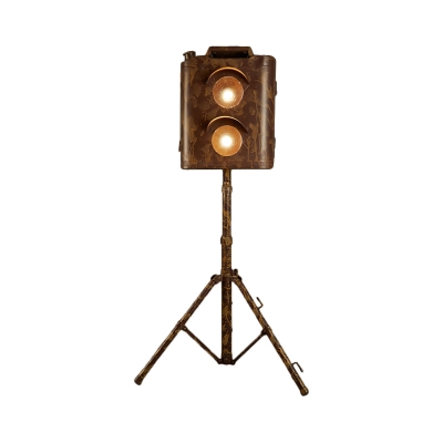 2-Bulb Tripod Searchlight Floor Lamp Vintage Restoration Rust/Camouflage Metal Floor Standing Light