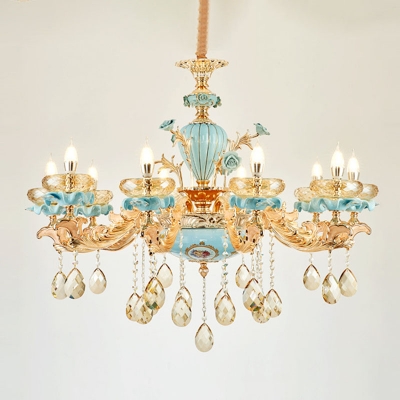 3/10/15-Bulb Ceramics Chandelier Vintage Blue and Gold Candlestick Living Room Hanging Light with K9 Crystal Drop