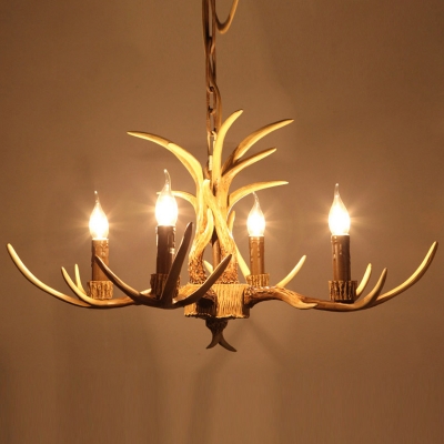 3/4/6 Bulbs Hanging Light Fixture Rustic Antler Resin Chandelier Lamp with Candle Design in Beige
