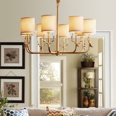 3/6/8 Bulbs Cylindrical Suspension Pendant Rural Gold Fabric Chandelier with Deer Head Deco