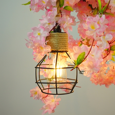3 Heads Rose/Ivy/Cherry Pendant Lamp Countryside Pink/Green/Purple Metal Rope-Hang Chandelier with Cage