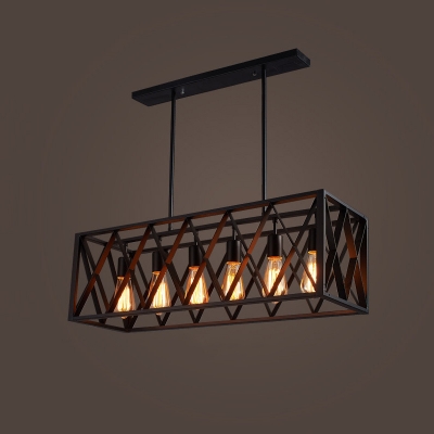 4/6 Lights Island Pendant Industrial Rectangular X-Cage Iron Hanging Lamp in Black for Bistro