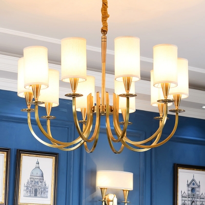 Antiqued Brass Swoop Arm Chandelier Traditional Metal 6/8/10-Head Living Room Hanging Lamp with Cylinder Fabric Shade