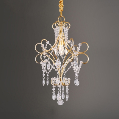 Clear Crystal Flower/Scroll/Bell Pendulum Light Traditional 1 Bulb Aisle Ceiling Pendant Lamp in Gold