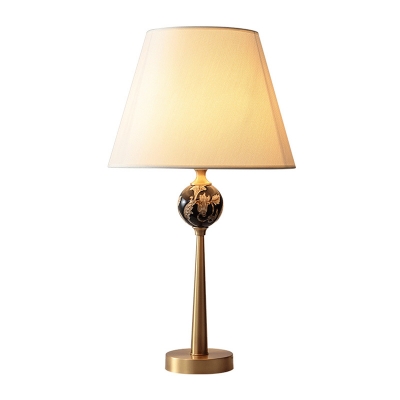 Cone Fabric Table Light Simple Single Bronze Nightstand Lamp with Ceramic Ball Decor