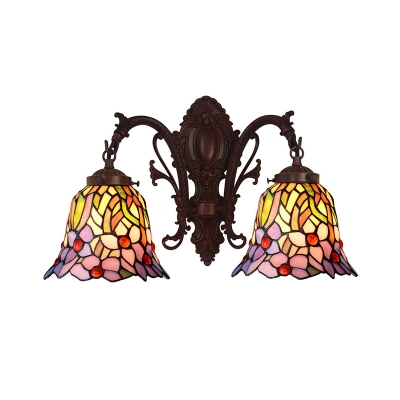 Copper 2-Head Wall Sconce Tiffany Handcrafted Glass Flared Wall Light with Flower Pattern