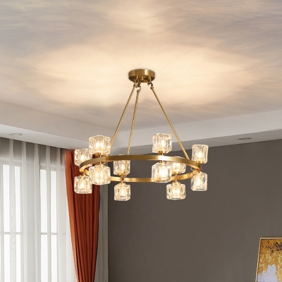 Crystal Ice Cube Hanging Pendant Post-Modern Style 6/12/28 Lights Bedroom Chandelier in Gold
