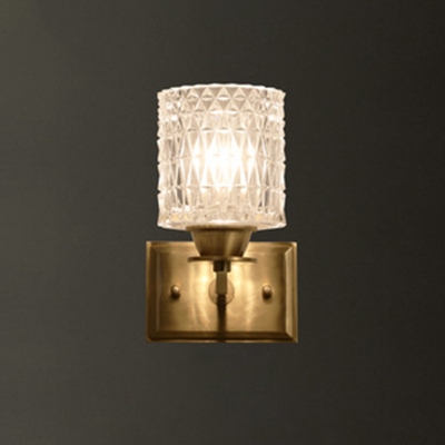 Cylindrical Lattice Glass Wall Light Post-Modern 1/2-Light Brass Finish Wall Sconce for Living Room
