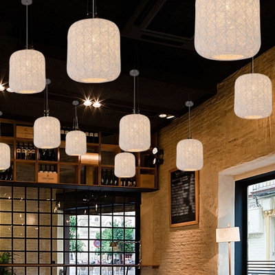 Cylindrical Rattan Pendant Ceiling Light Asian 1-Light Black/White/Red Hanging Light Fixture for Restaurant