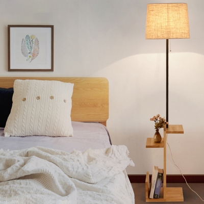 Drum Bedside Reading Floor Lamp Fabric Single Nordic Floor Light with Wood Shelf in Beige/Brown
