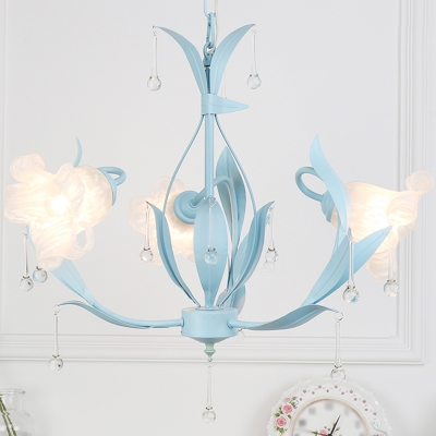 Frost Glass Flower Chandelier Korean Garden 3/6 Heads Dining Room Ceiling Hang Lamp in Pink/Blue/Green with Crystal Drip