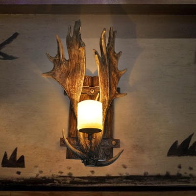 Frosted Glass Cylinder Wall Light Farmhouse 1-Light Restaurant Sconce Lighting with Antler Deco in Brown