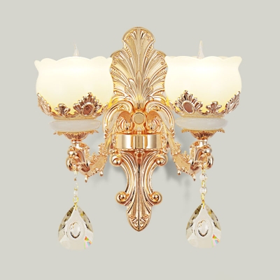 Jade Flower Chandelier Lamp Vintage 1/2/15-Light Living Room Wall Mounted Light with Crystal Drop in Gold
