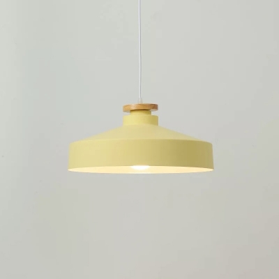Metal Elongated/Barn/Bowl Hanging Lamp Macaron 1 Bulb Morandi Yellow/Pink Ceiling Pendant with Wood Cap
