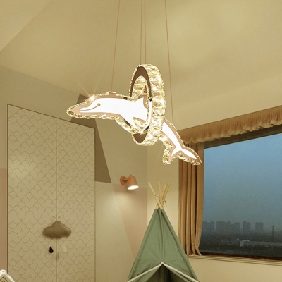 Novelty Kids Dolphin Pendant Light Crystal Encrusted Baby Room LED Chandelier Lamp in Clear