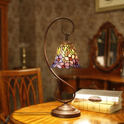 Orchid Nightstand Lamp 1-Light Stained Glass Tiffany Table Light with Scroll Arm for Living Room