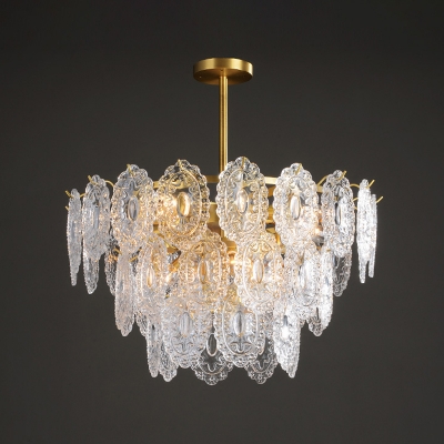 Postmodern 2/3/4 Tiers Chandelier 6/12/16-Light Clear Carved Glass Ceiling Pendant Light in Gold
