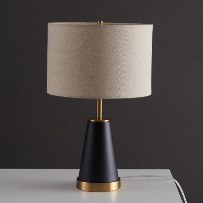Postmodern Cylinder Night Lamp Fabric Living Room Table Lighting with Cone Base in Black/Brass