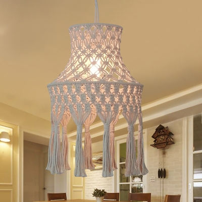 Roped Flared Pendant Light Fixture Cottage 1 Bulb Dining Room Suspension Light with Tassel Knot in Beige