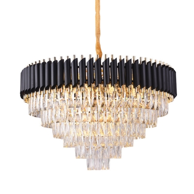 Round/Oval Tapered Chandelier Pendant Modern Cut-Crystal 13/16/24-Light Bedroom Hanging Light in Black, Small/Medium/Large