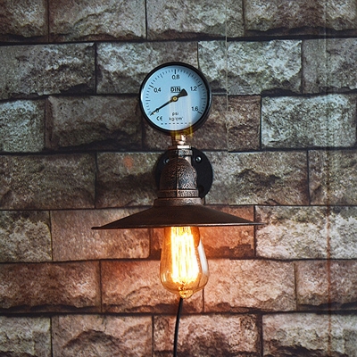 Rust Saucer Shade Wall Lamp Industrial Metal 1 Bulb Kitchen Wall Sconce with Water Gauge Deco