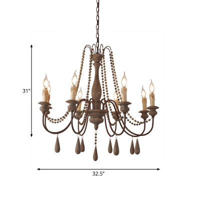 Rustic 1/2-Tiered Candlestick Chandelier 6/8/12 Heads Wood Pendant Lighting with Beaded Decor in Distressed White