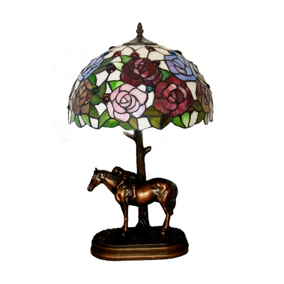 Single-Bulb Hemisphere Table Light Tiffany Blue Blooming Rose Patterned Glass Night Lamp with Horse Pedestal