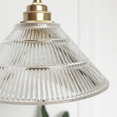 Single-Bulb Pendant Light Fixture Loft Dining Room Ceiling Lamp with Cone Ribbed Glass Shade in Brass