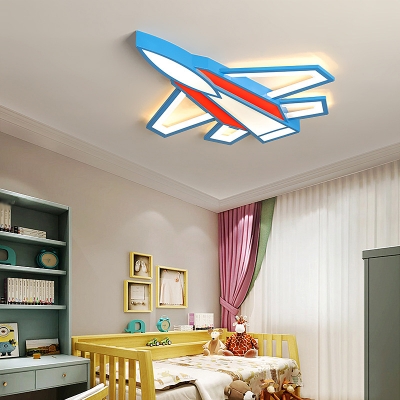 Small/Large Plane Flush Mount Ceiling Light Cartoon Iron Blue-Red/Yellow LED Flush Lamp in Warm/White/3 Color Light