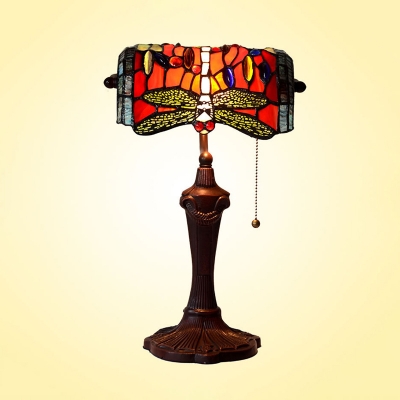 Tiffany Dragonfly Bankers Table Lamp 1-Head Red Glass Pull Chain Nightstand Light for Bedroom