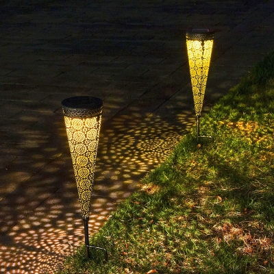 Turkish Etched Cone Solar Stake Lamp Iron Outdoor LED Pathway Light in Gold and Black