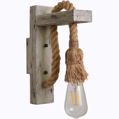 Washed Wood Grey Wall Lighting Right Angle 1-Light Rustic Wall Mounted Lamp with Rope Arm
