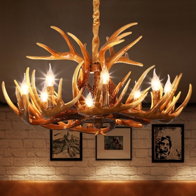 White/Brown Resin Pendant Light Antler 6/8/9 Bulbs Cottage Style Ceiling Chandelier for Restaurant