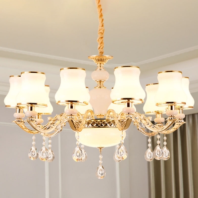 White Glass Curve Shade Suspension Lamp Traditional 6/8/18-Head Bedroom Ceiling Chandelier in Gold